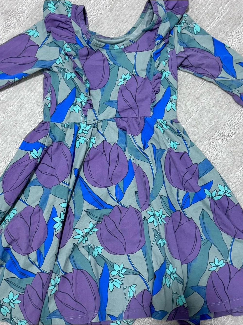 Tea size 6 purple and green floral retro print ruffle detail long sleeve dress